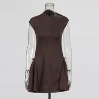 Retro Maxi Dress For Women Summer High Waist Asymmetric Fold Design Fashion Retro Style Knee-Length A- Line Dress Sleeveless sku image 3