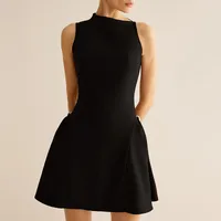 Retro Maxi Dress For Women Summer High Waist Asymmetric Fold Design Fashion Retro Style Knee-Length A- Line Dress Sleeveless sku image 8