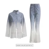 Fashionable Casual Gradient Denim Shirt High Waist Bell Bottom Pants Set Elegant Long Sleeve Women's Two Piece Set main image 1