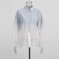 Fashionable Casual Gradient Denim Shirt High Waist Bell Bottom Pants Set Elegant Long Sleeve Women's Two Piece Set main image 2