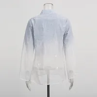 Fashionable Casual Gradient Denim Shirt High Waist Bell Bottom Pants Set Elegant Long Sleeve Women's Two Piece Set main image 4