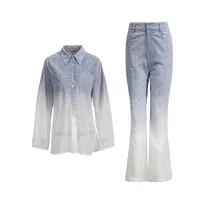 Fashionable Casual Gradient Denim Shirt High Waist Bell Bottom Pants Set Elegant Long Sleeve Women's Two Piece Set main image 5