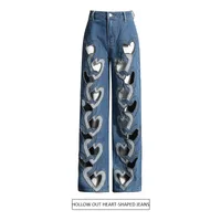 Fashionable High-Waist Hollow Heart-Shaped Women's Jeans Trendy Hollow Out Straight Leg Long Pants Comfortable Stretch Denim main image 1