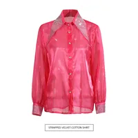 Casual Loose Mesh Shirt Women's Style Solid Color Pointed Collar Diamond Embellished See-through Design Long Sleeve Mid-length Top main image 1