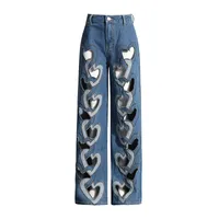 Fashionable High-Waist Hollow Heart-Shaped Women's Jeans Trendy Hollow Out Straight Leg Long Pants Comfortable Stretch Denim main image 2