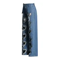 Fashionable High-Waist Hollow Heart-Shaped Women's Jeans Trendy Hollow Out Straight Leg Long Pants Comfortable Stretch Denim main image 3