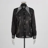 Casual Loose Mesh Shirt Women's Style Solid Color Pointed Collar Diamond Embellished See-through Design Long Sleeve Mid-length Top main image 2