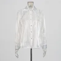 Casual Loose Mesh Shirt Women's Style Solid Color Pointed Collar Diamond Embellished See-through Design Long Sleeve Mid-length Top main image 3