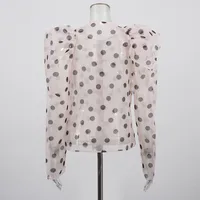 Women's Casual Fashionable Shirt Round Neck Long Sleeve Breathable Mesh Top Single Button Round Dot Pattern Comfortable Shirt main image 3