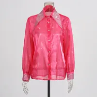 Casual Loose Mesh Shirt Women's Style Solid Color Pointed Collar Diamond Embellished See-through Design Long Sleeve Mid-length Top main image 4