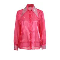 Casual Loose Mesh Shirt Women's Style Solid Color Pointed Collar Diamond Embellished See-through Design Long Sleeve Mid-length Top main image 5