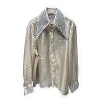 Casual Loose Mesh Shirt Women's Style Solid Color Pointed Collar Diamond Embellished See-through Design Long Sleeve Mid-length Top sku image 10