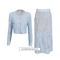 Elegant Embroidered Lace Top High Waist Mini Skirt Set Round Neck Diamond Luxury Casual Fashion Women's Cotton Polyester main image 1