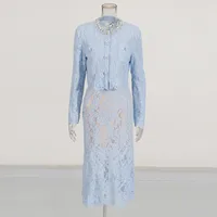 Elegant Embroidered Lace Top High Waist Mini Skirt Set Round Neck Diamond Luxury Casual Fashion Women's Cotton Polyester main image 2