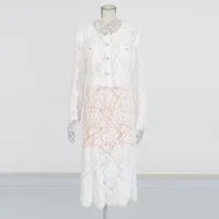 Elegant Embroidered Lace Top High Waist Mini Skirt Set Round Neck Diamond Luxury Casual Fashion Women's Cotton Polyester sku image 6