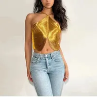 Sexy Asymmetric Hanging Neck Top Tassel Trim Sleeveless Pure Color High-End Feeling Vest Women's Trendy Clothing sku image 4