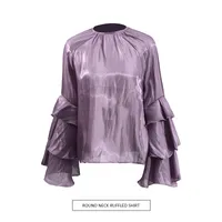 Elegant Women's Summer Shirt Round Neck Laminated Sleeve Chiffon Casual Loose Long Sleeve Solid Color Han Style main image 1