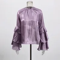 Elegant Women's Summer Shirt Round Neck Laminated Sleeve Chiffon Casual Loose Long Sleeve Solid Color Han Style main image 2
