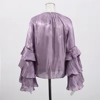 Elegant Women's Summer Shirt Round Neck Laminated Sleeve Chiffon Casual Loose Long Sleeve Solid Color Han Style main image 4