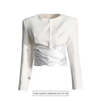 Elegant Slim Fit Cardigan Top Women's Fashion Design Belt Short Coat Spring Summer Pure Color Long Sleeve Button Front main image 1