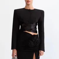 Elegant Slim Fit Cardigan Top Women's Fashion Design Belt Short Coat Spring Summer Pure Color Long Sleeve Button Front sku image 2