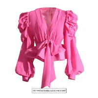 Elegant Long Sleeve Chiffon Shirt With Belt Slim Fit Deep V Neck Bubble Sleeve New Fashion 2025 Ladies Business Casual Top main image 1