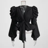 Elegant Long Sleeve Chiffon Shirt With Belt Slim Fit Deep V Neck Bubble Sleeve New Fashion 2025 Ladies Business Casual Top main image 2