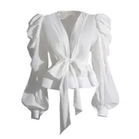 Elegant Long Sleeve Chiffon Shirt With Belt Slim Fit Deep V Neck Bubble Sleeve New Fashion 2025 Ladies Business Casual Top main image 5
