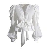 Elegant Long Sleeve Chiffon Shirt With Belt Slim Fit Deep V Neck Bubble Sleeve New Fashion 2025 Ladies Business Casual Top sku image 2