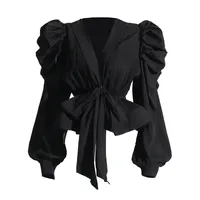 Elegant Long Sleeve Chiffon Shirt With Belt Slim Fit Deep V Neck Bubble Sleeve New Fashion 2025 Ladies Business Casual Top sku image 3