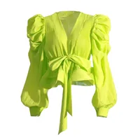 Elegant Long Sleeve Chiffon Shirt With Belt Slim Fit Deep V Neck Bubble Sleeve New Fashion 2025 Ladies Business Casual Top sku image 1