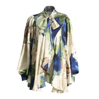 Elegant French Style Long Sleeve Women's Shirt Bow Tie Loose Fit Urban Fashion Commute Shirt Plant Floral Pattern Polyester Lyocell sku image 2