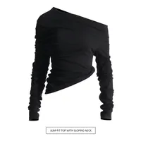 Fashionable Casual Pleated Side Collar Slim Fit Solid Color Short T Shirt Women's Top Trendy Commute Style Cotton Polyester Blend main image 1