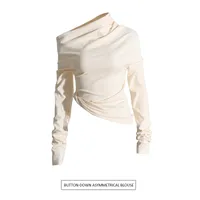 Fashionable Casual Pleated Side Collar Slim Fit Solid Color Short T Shirt Women's Top Trendy Commute Style Cotton Polyester Blend main image 2