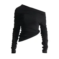 Fashionable Casual Pleated Side Collar Slim Fit Solid Color Short T Shirt Women's Top Trendy Commute Style Cotton Polyester Blend main image 5