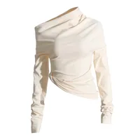 Fashionable Casual Pleated Side Collar Slim Fit Solid Color Short T Shirt Women's Top Trendy Commute Style Cotton Polyester Blend sku image 1