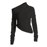 Fashionable Casual Pleated Side Collar Slim Fit Solid Color Short T Shirt Women's Top Trendy Commute Style Cotton Polyester Blend sku image 4
