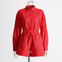 Fashionable Minimalist Ladies Casual Shirt And Shorts Set High Waist Shorts Two Piece Set Pure Color Collar Button Detail main image 2