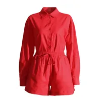 Fashionable Minimalist Ladies Casual Shirt And Shorts Set High Waist Shorts Two Piece Set Pure Color Collar Button Detail main image 5