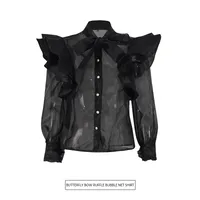 Elegant Auji Shalei Si Shirt Women's Fashion Design Sleeve Length Stand Collar Puff Sleeve Retro Style Solid Color Single Button main image 1