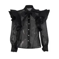 Elegant Auji Shalei Si Shirt Women's Fashion Design Sleeve Length Stand Collar Puff Sleeve Retro Style Solid Color Single Button main image 5