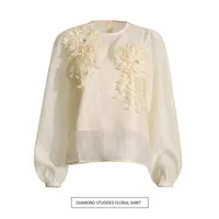 Elegant Round Neck Lantern Sleeve Shirt Women's Fashion Design Floral Stitching Diamond Decorative Shirt Vintage Art Style main image 1