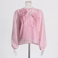 Elegant Round Neck Lantern Sleeve Shirt Women's Fashion Design Floral Stitching Diamond Decorative Shirt Vintage Art Style main image 2