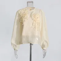 Elegant Round Neck Lantern Sleeve Shirt Women's Fashion Design Floral Stitching Diamond Decorative Shirt Vintage Art Style sku image 1