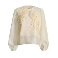 Elegant Round Neck Lantern Sleeve Shirt Women's Fashion Design Floral Stitching Diamond Decorative Shirt Vintage Art Style main image 5