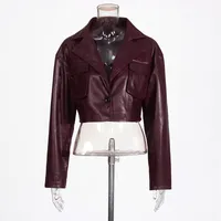 Ladies Short PU Leather Jacket Motorcycle Style Belt Design Summer New Large Collar Splicing Fashion Outerwear Long Sleeve sku image 1