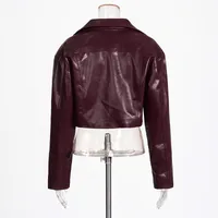 Ladies Short PU Leather Jacket Motorcycle Style Belt Design Summer New Large Collar Splicing Fashion Outerwear Long Sleeve main image 4