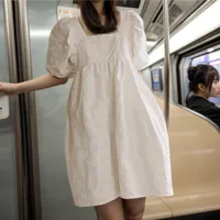 Sweet Style High Waist Puff Sleeve Square Collar Pleated Mini Dress Women's Fashion Design Spring And Summer New main image 1