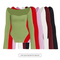 Slim Fit Long Sleeve Knitted Top V Neck Solid Color Early Autumn Fashionable Ladies' No Shoulder Sexy Commuting Style main image 1
