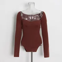 Slim Fit Long Sleeve Knitted Top V Neck Solid Color Early Autumn Fashionable Ladies' No Shoulder Sexy Commuting Style sku image 11